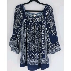 Cato‎ Flowy Top Womens Medium Navy White Kerchief Stretch Neckline 3/4 Sleeves